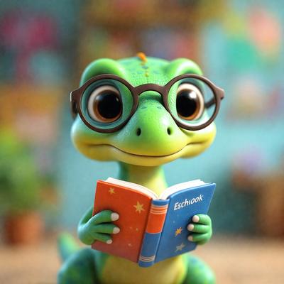 The primary subject of the image is a small toy lizard figurine, which is wearing glasses and holding a book. The setting is a room with a bookshelf in the background. The visual style is a combination of digital art and illustration, creating a whimsical and playful atmosphere. The colors are predominantly green, which is the color of the lizard, and the book is red.